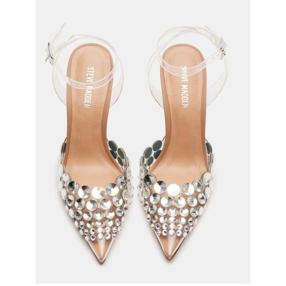 Steve Manden Clear Transparent  Pointed-Toe Ankle Strap Rhinestone Stiletto 6.5